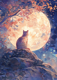 紅葉の木の下で月を見上げるオレンジ猫❤️