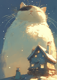 小さな小屋と大きな猫(クレヨン風)