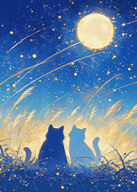 Cats in a wheat field under full moon JP