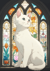 繽紛玻璃彩繪-沐浴彩色陽光的小白貓2