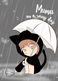 มูมู่ ในชุดแมวเหมียว ในที่วันฝนตก พรำๆ