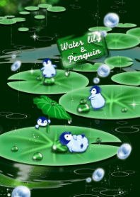 water lily with penguin2 (rain, green )