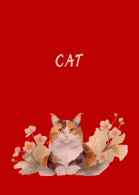 Calico cat on red & beige