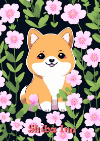 Shiba Inu dog and flowers