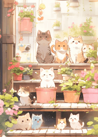 Cat family in the flower garden