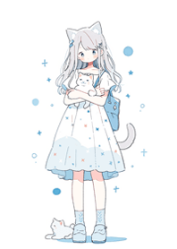 cat-eared girl with a cat (blue)