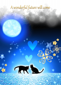 Lucky black cat, moon and sea.