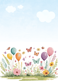 Blue sky, balloons and flowers