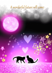 Moon and cat soaring in love.