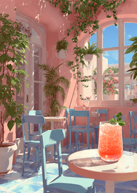 綠色 桃色夏日花園咖啡館