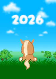 草原の午（馬、2026、青空）