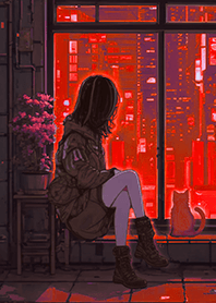 未来都市-窓辺の少女と猫7.2 赤黒色