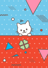 80s/幸せの四葉を見つめる猫／赤×水色