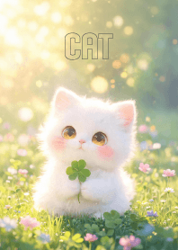 Lovely White Cat & Clover Leaf