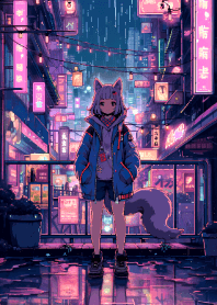 Street photo of cat girl at night