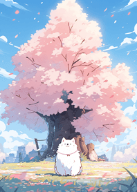 櫻花樹下的薩摩耶狗狗