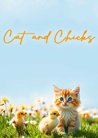 Cat and Chicks -Spring blue sky- blue