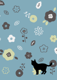 花模様と猫・くすみカラー