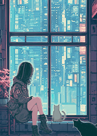 未来都市-窓辺の少女と猫7.6 青緑