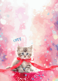 kitten with red ribbon on blue