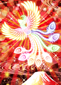 Rainbow-colored phoenix with rising luck