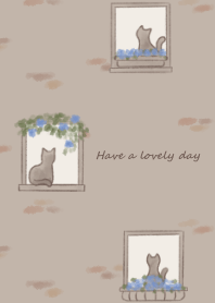 Cat and flower by the window -blue- 2