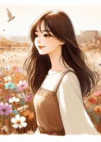 Minimal girl flower garden brown 3yu