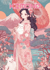 Pink Kimono Girl & White Cats