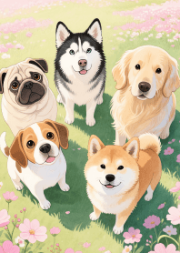 Lovey Dog Gang in Pink flower field
