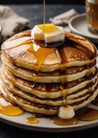 Pancakes with butter and maple syrup