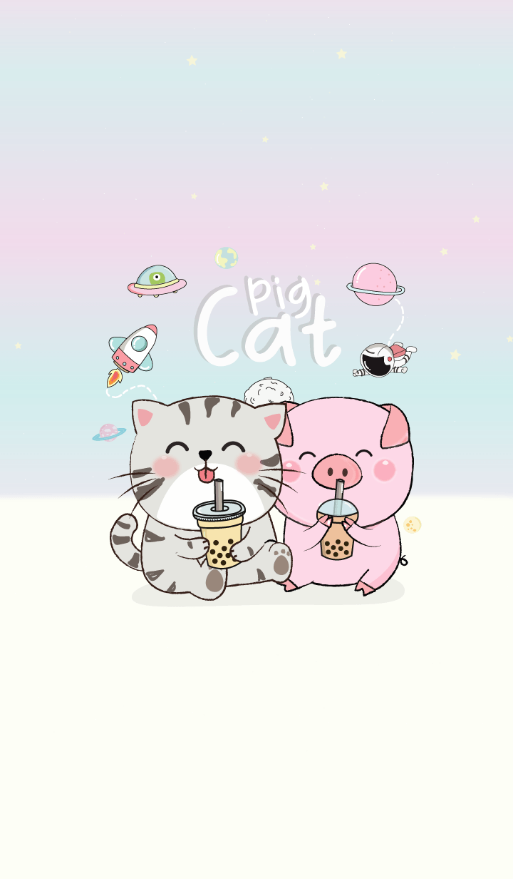 Pig & Cat In Love Pastel.