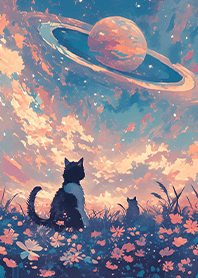 A cat looking at celestial planets