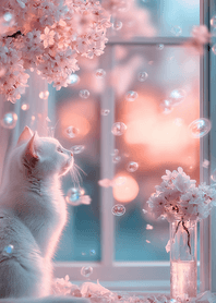 Pink White Cat by Sakura Window