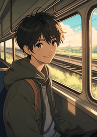 一個人旅行-電車窗戶旁看著風景的男孩2.1