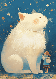 A large white cat under the starry sky