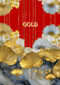 Gold Flowers on red & beige