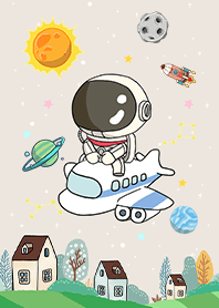 可愛宇航員-搭飛機去旅行-米色星空
