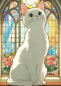 繽紛玻璃彩繪-沐浴彩色陽光的小白貓4