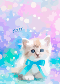 kitten with blue ribbon on blue JP