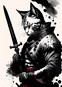 Ink wash cat samurai CA927B