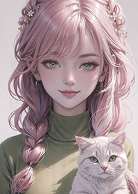 Pink beautiful girl and kitten