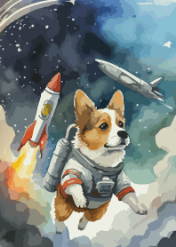 Dog astronaut on moss green