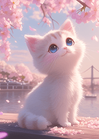 Cute Cat by the Cherry Blossom Lake