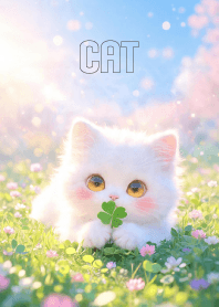 Pretty White Cat & Clover Leaf