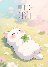 Kawaii White Cat And Clover Leaf