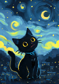ヒーリングアート-星空の下の黒猫 1