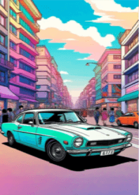 Retro cars, city and people