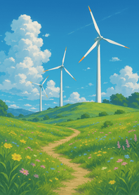 Wind Turbines Above Meadow