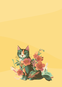 cat and flowers on light yellow