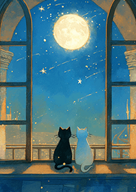 窗口浪漫賞月的貓咪情侶❤️